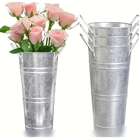 2pcs Galvanized Metal Flower Vases Buckets Floral Decor Rustic Farmhouse Style - Picture 3 of 4